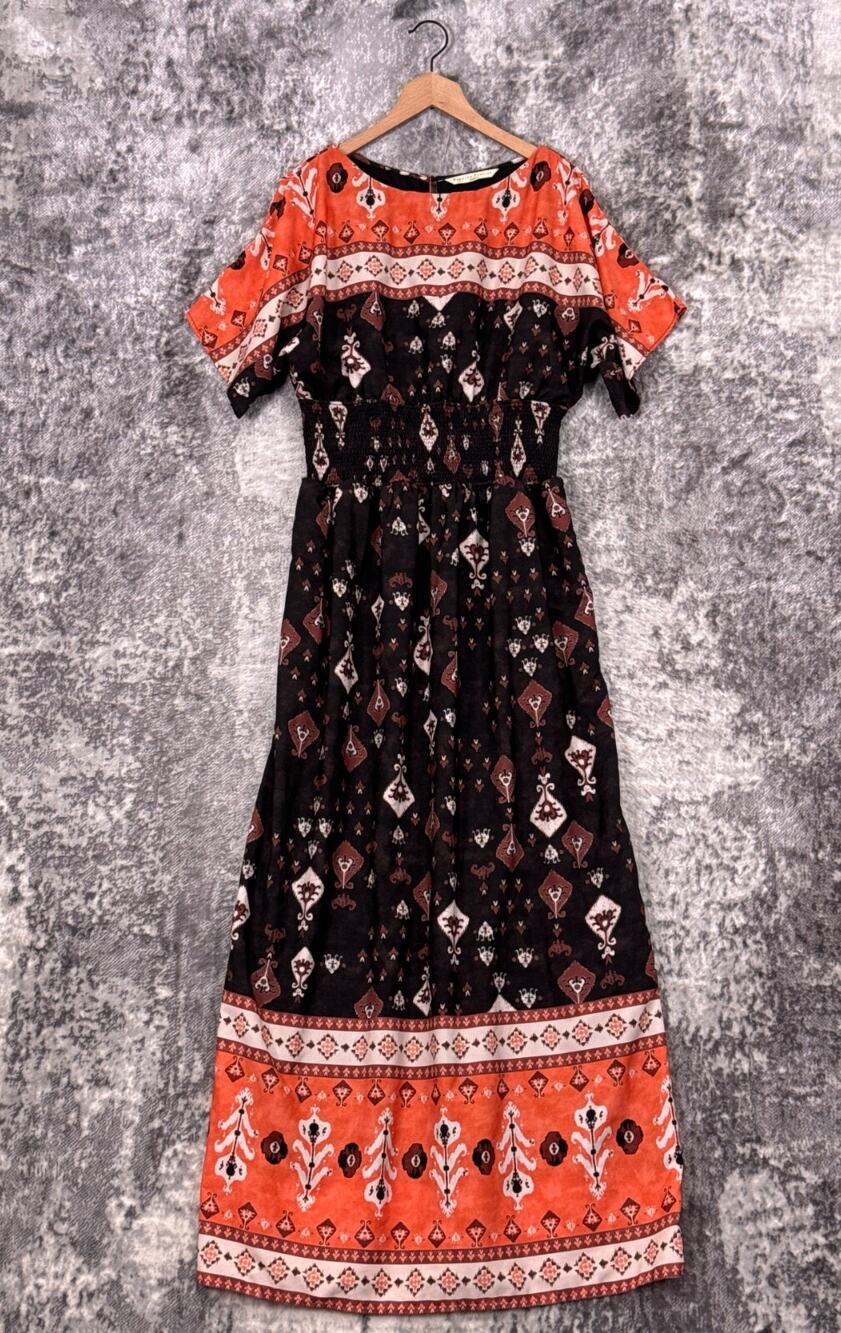 Wayward Fancies Dress XL Womens Orange Ikat Smocked Waist Side Slits Maxi